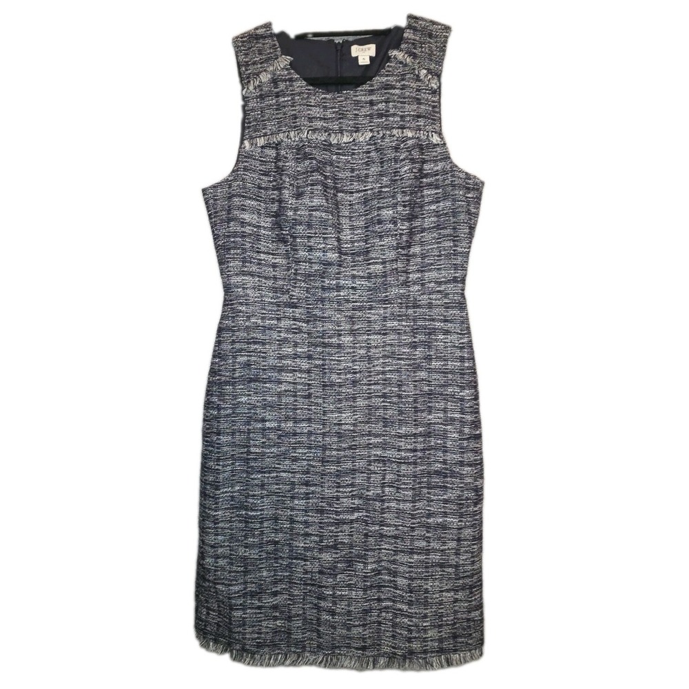 J Crew Navy Tweed Sheath Dress Fringe Sleeveless Knee Length Career Work Preppy